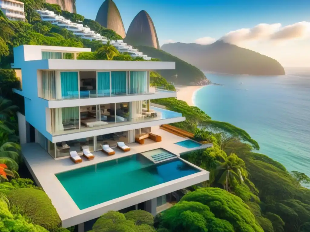 Propiedad de lujo en Río de Janeiro: vistas espectaculares Inversión inmobiliaria en Sudamérica: Vista aérea de propiedad de lujo en Río de Janeiro con vista al mar y piscina infinita
