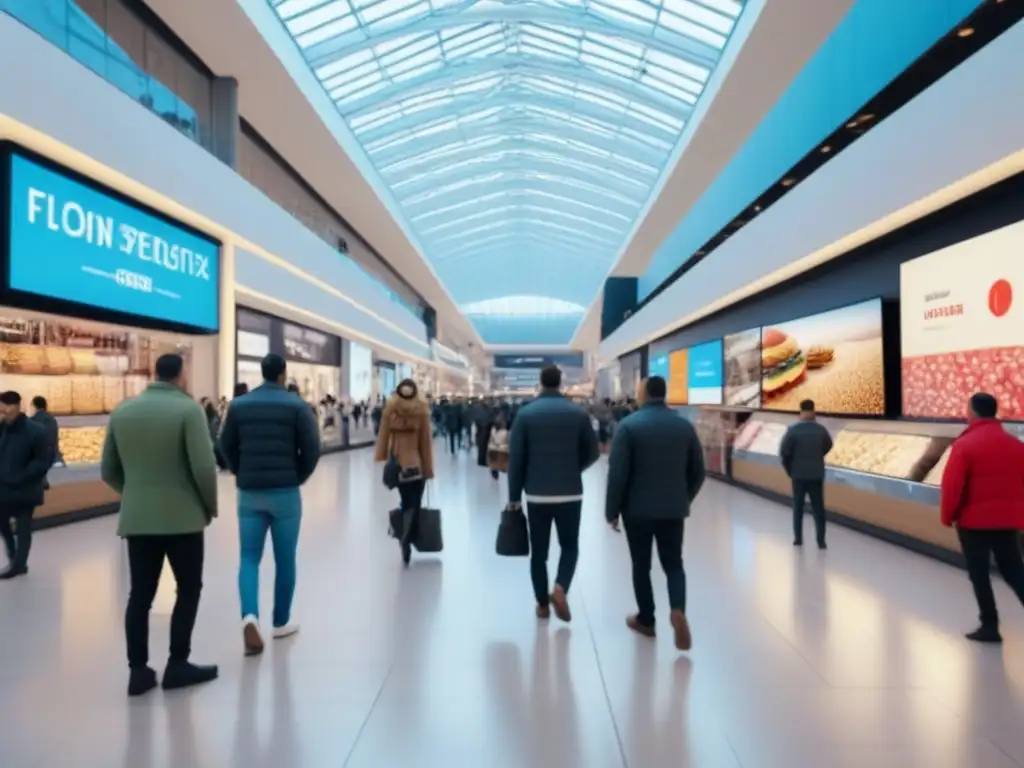 Centro comercial digital: fusionando lo físico y lo digital Inversión inteligente en centros comerciales: Escena vibrante de un moderno centro comercial con tecnología y diversidad