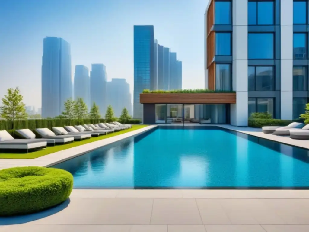 Edificio de apartamentos de lujo con diseño moderno y piscina reluciente Inversión en moderno edificio de apartamentos con ventanales y piscina, jóvenes profesionales disfrutan de las ventajas del mercado inmobiliario