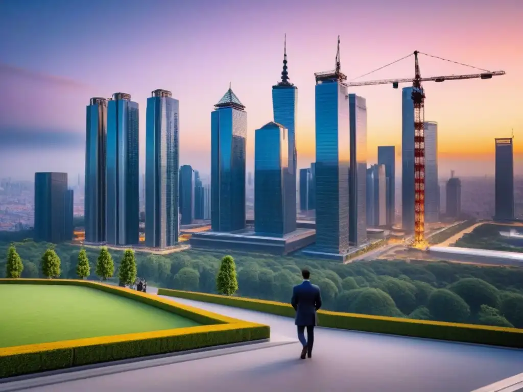 Horizonte urbano al atardecer: modernidad y naturaleza en armonía Inversión en proyectos inmobiliarios cercanos: Ciudad moderna al atardecer con skyline futurista y gente disfrutando el parque