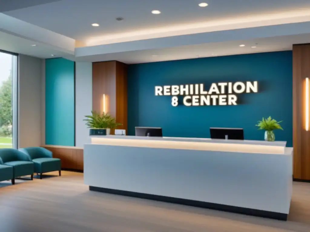 Lobby de centro de rehabilitación moderno y relajante Inversión rentable en centros de rehabilitación: Moderno lobby con diseño elegante y tranquilo, mostrando profesionalismo y serenidad