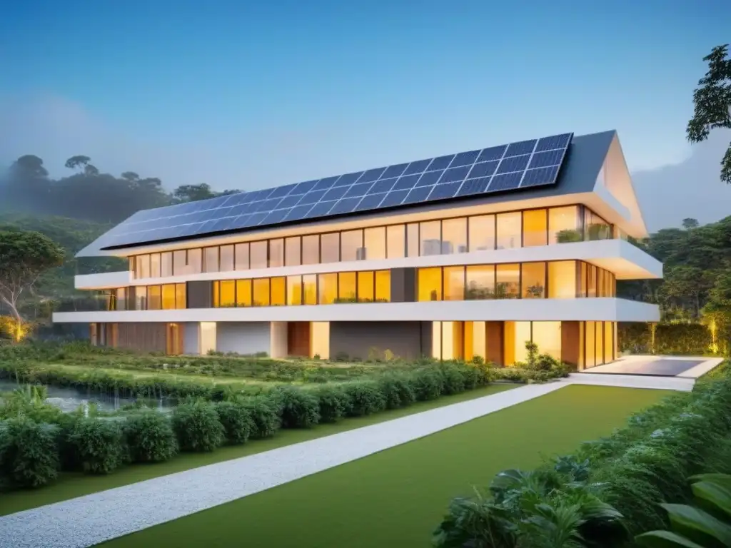 Inversión inmobiliaria sostenible: Edificio moderno rodeado de naturaleza y paneles solares Inversión responsable fondos inmobiliarios: Edificio moderno rodeado de vegetación y paneles solares, fusionando innovación y sostenibilidad