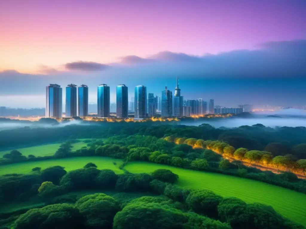 Horizonte urbano sostenible: rascacielos modernos iluminados Inversión responsable fondos inmobiliarios: Ciudad sostenible de noche, rascacielos iluminados con eficiencia energética y espacios verdes