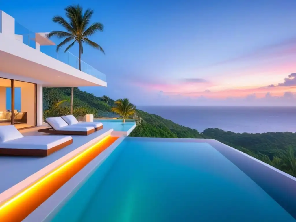 Villa de lujo: oasis moderno junto al mar turquesa Inversión segura en propiedades turísticas: Villa de lujo moderna en la colina, con vista al océano turquesa y piscina infinita al atardecer