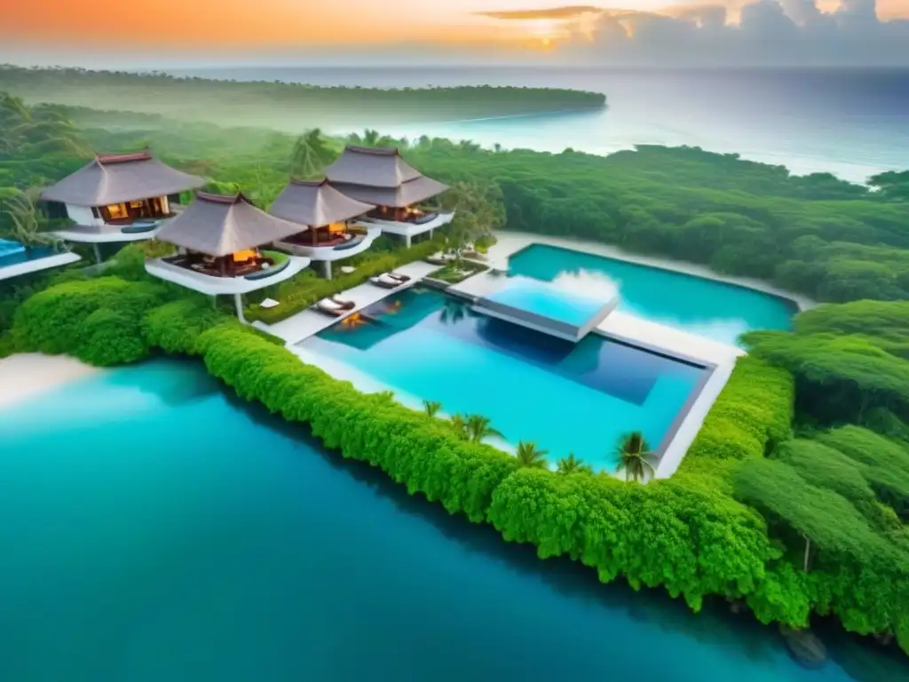 Resort de lujo frente al mar: paraísos infinitos y atardeceres dorados Inversión segura en propiedades turísticas: lujoso resort frente a la playa con villas y piscinas infinitas, rodeado de naturaleza exuberante y aguas cristalinas al atardecer