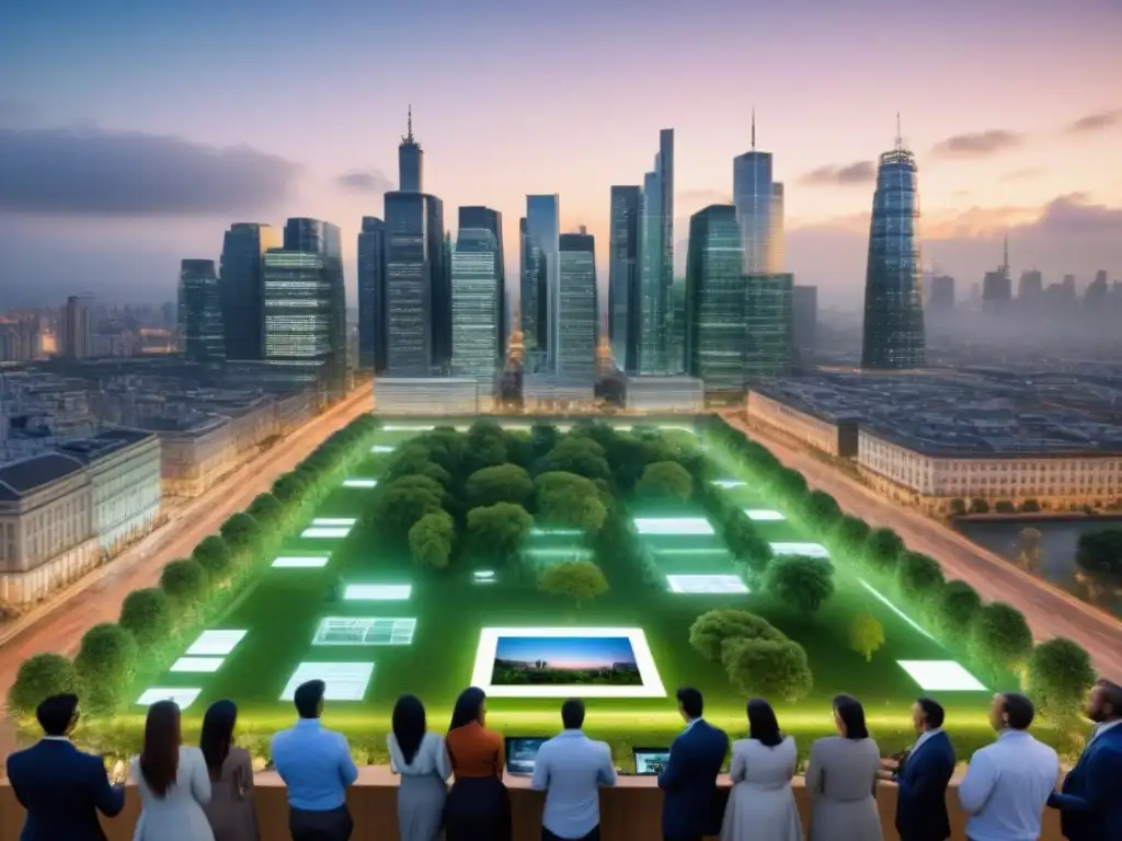 Skyline sostenible: innovación y colaboración en la ciudad del futuro Inversiones en desarrollos urbanos sostenibles: Profesionales colaborando en una ciudad sostenible y vibrante al anochecer