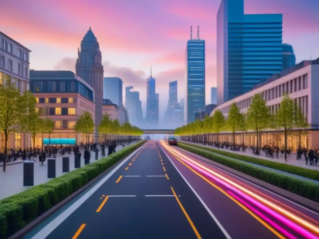 Metrópolis sostenible al atardecer: innovación urbana en armonía Inversiones en desarrollos urbanos sostenibles: Ciudad sostenible al atardecer, con rascacielos iluminados y diversidad de personas