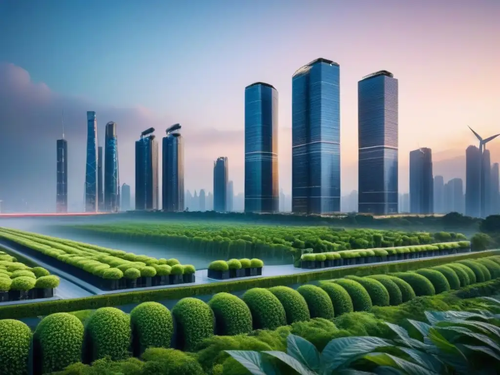Metrópolis sostenible: armonía entre naturaleza y modernidad Inversiones en desarrollos urbanos sostenibles: Ciudad futurista al anochecer con rascacielos ecológicos, vehículos eléctricos y tecnología verde