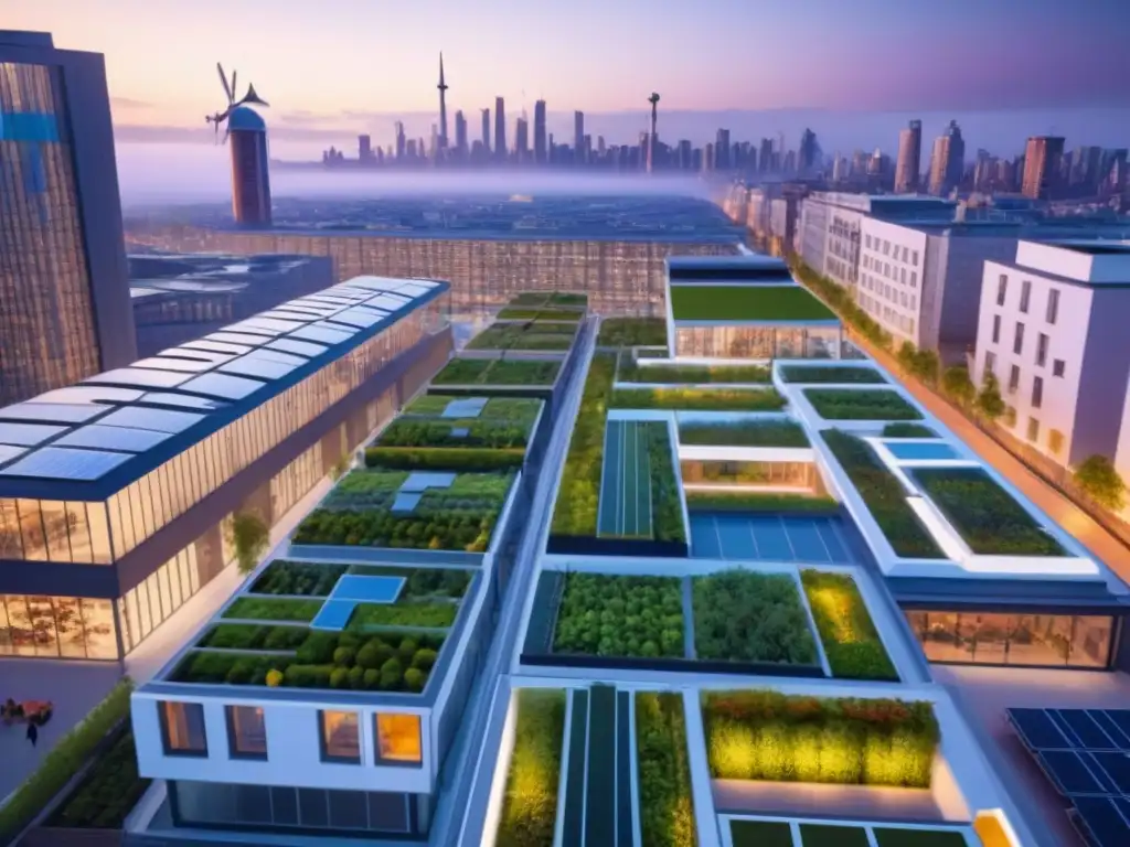 Metrópolis sostenible del futuro: armonía urbana y verde Inversiones en desarrollos urbanos sostenibles: Ciudad futurista con energía renovable y diseño ecoamigable al anochecer