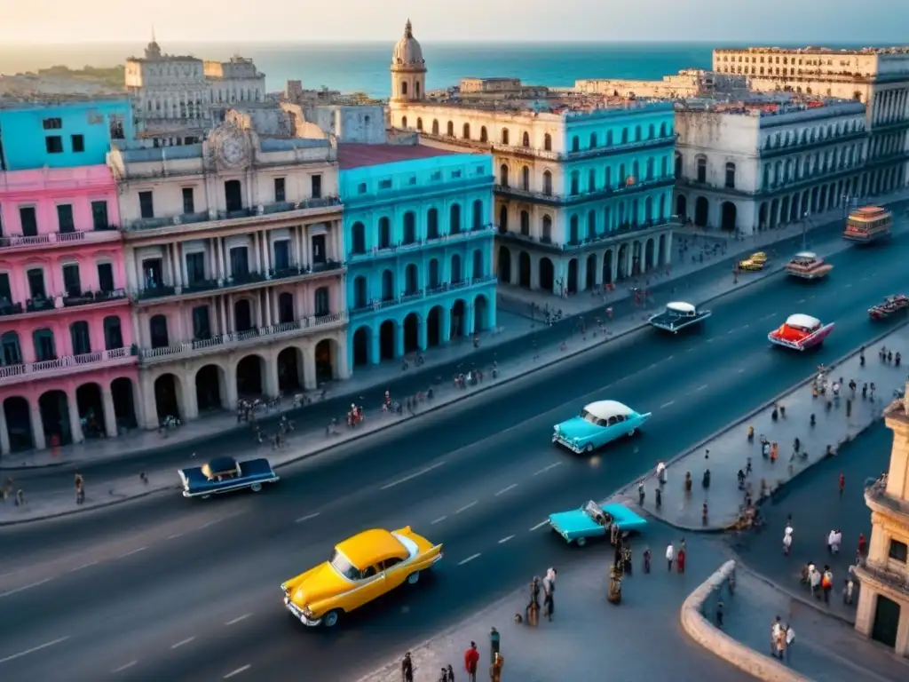 Vibrante Habana: Contrastes entre historia y modernidad Inversiones extranjeras en mercado inmobiliario Cuba: Vista aérea de La Habana, calles coloridas y bullicio de locales y turistas