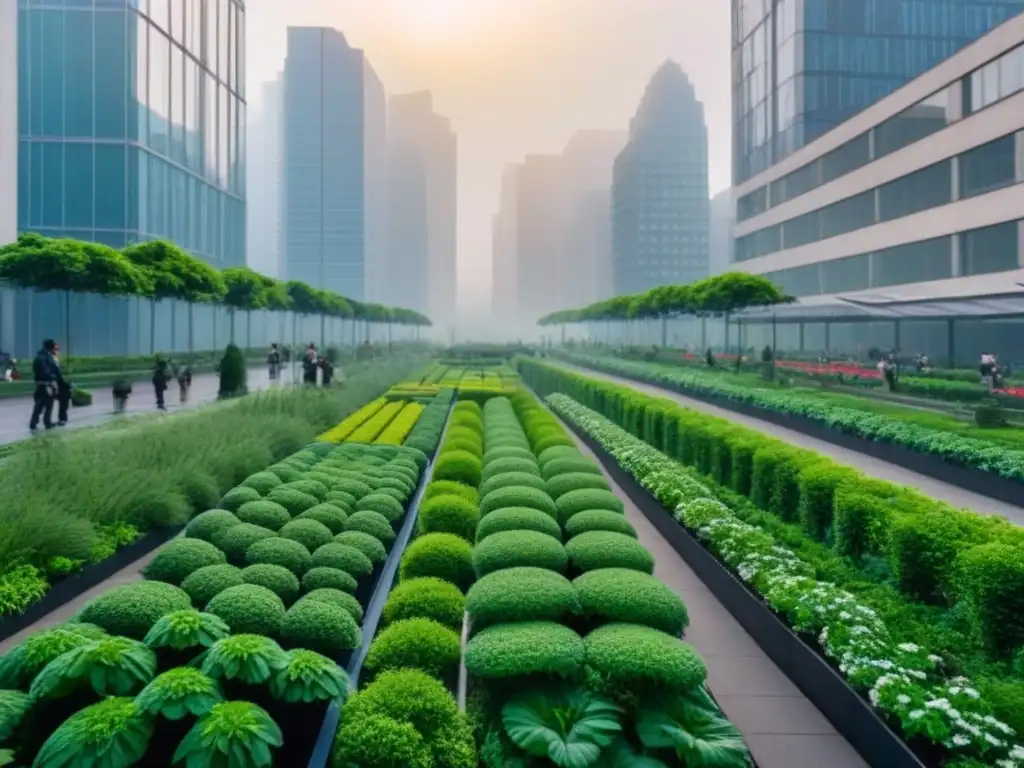 Horizonte verde: ciudad sostenible fusiona naturaleza y arquitectura Inversiones en infraestructura verde: Ciudad moderna con rascacielos y parques integrados en armonía, iluminada por el sol poniente