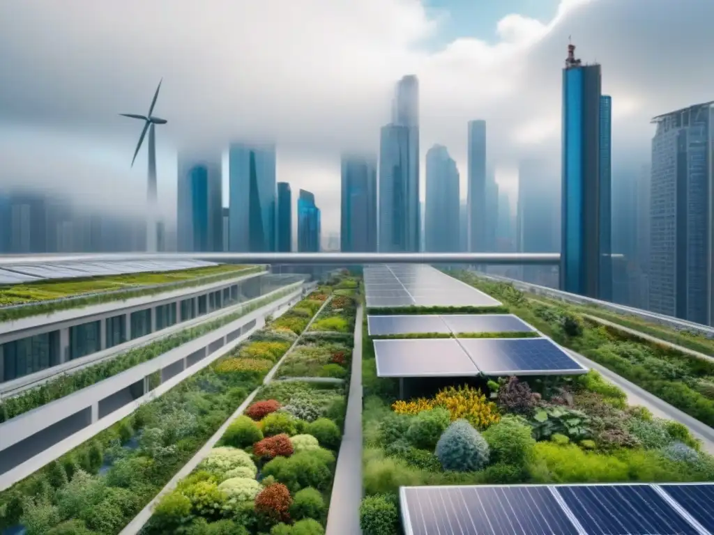 Metrópolis del futuro: infraestructura verde integrada en la ciudad Inversiones en infraestructura verde impacto social: Ciudad futurista con tecnología verde integrada en la urbe