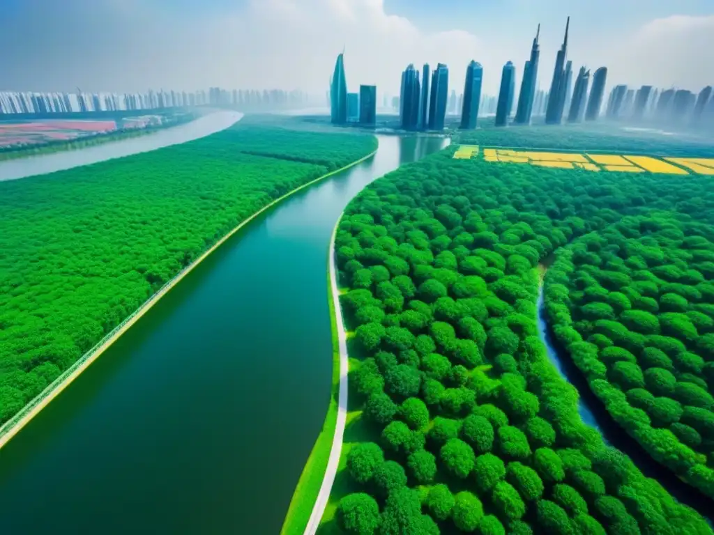 Metrópolis ecológica: ciudad futurista en armonía con la naturaleza Inversiones en infraestructura verde internacional: Ciudad futurista ecoamigable con edificios verdes y paneles solares