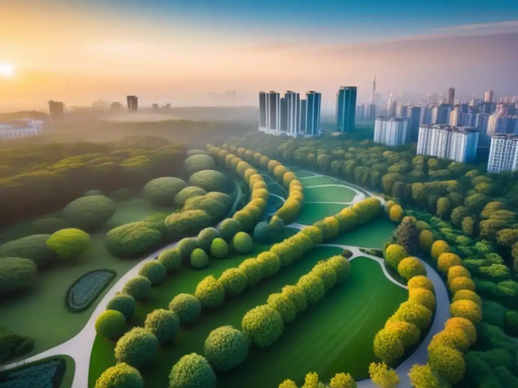 Parque urbano: fusión armoniosa de naturaleza y ciudad Inversiones en infraestructura verde: Parque urbano con árboles, senderos y flores, fusionando naturaleza y ciudad al atardecer