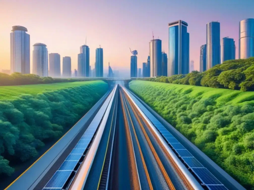 Metrópolis sostenible: transporte eco en entorno verde Inversiones en infraestructura verde y regulaciones: Ciudad futurista con transporte ecoamigable, paneles solares y turbinas eólicas al atardecer