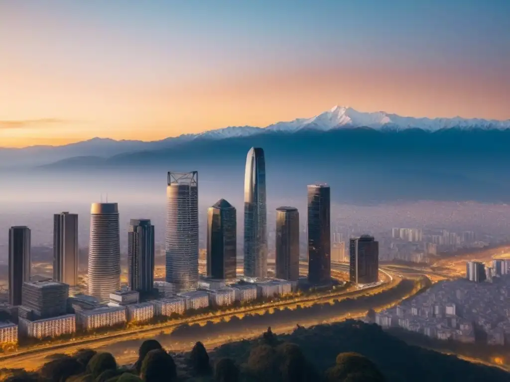 Espléndido atardecer en Santiago: arquitectura moderna y majestuosos Andes Inversiones inmobiliarias en Chile: Vista aérea de Santiago al atardecer, con sus rascacielos y la majestuosa cordillera de los Andes al fondo