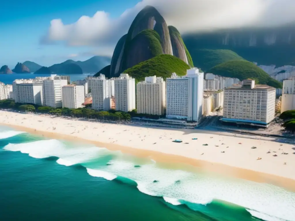 Vibrante Copacabana: Oportunidades inmobiliarias en Río de Janeiro Inversiones inmobiliarias en Brasil: Vista aérea de la icónica playa de Copacabana en Río de Janeiro, con vibrante paisaje urbano y aguas turquesas
