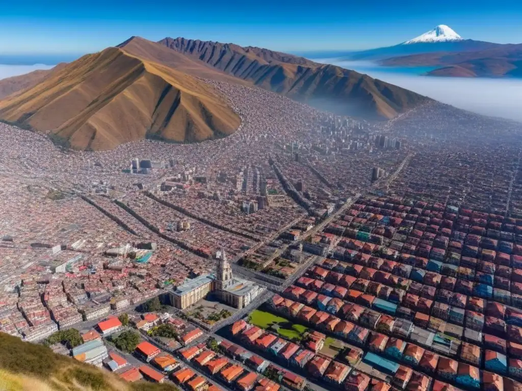La Paz, Bolivia: Ciudad vibrante entre montañas Inversiones inmobiliarias en Bolivia: Vista aérea de La Paz con su arquitectura diversa y vibrante bajo el cielo azul