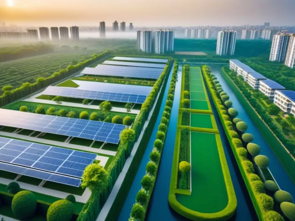 Armonía urbana: parques verdes y rascacielos sostenibles Inversiones inmobiliarias cerca áreas verdes: Ciudad moderna con parques, calles arboladas y edificios altos con jardines en azoteas y paneles solares
