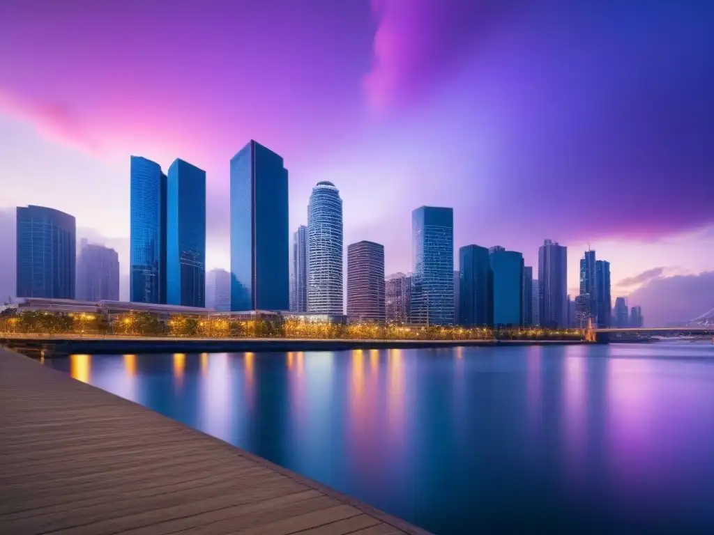 Horizonte urbano moderno al anochecer: luces vibrantes y río sereno Inversiones inmobiliarias: aspectos fiscales - Ciudad moderna al atardecer, edificios iluminados y río sereno reflejando luces vibrantes
