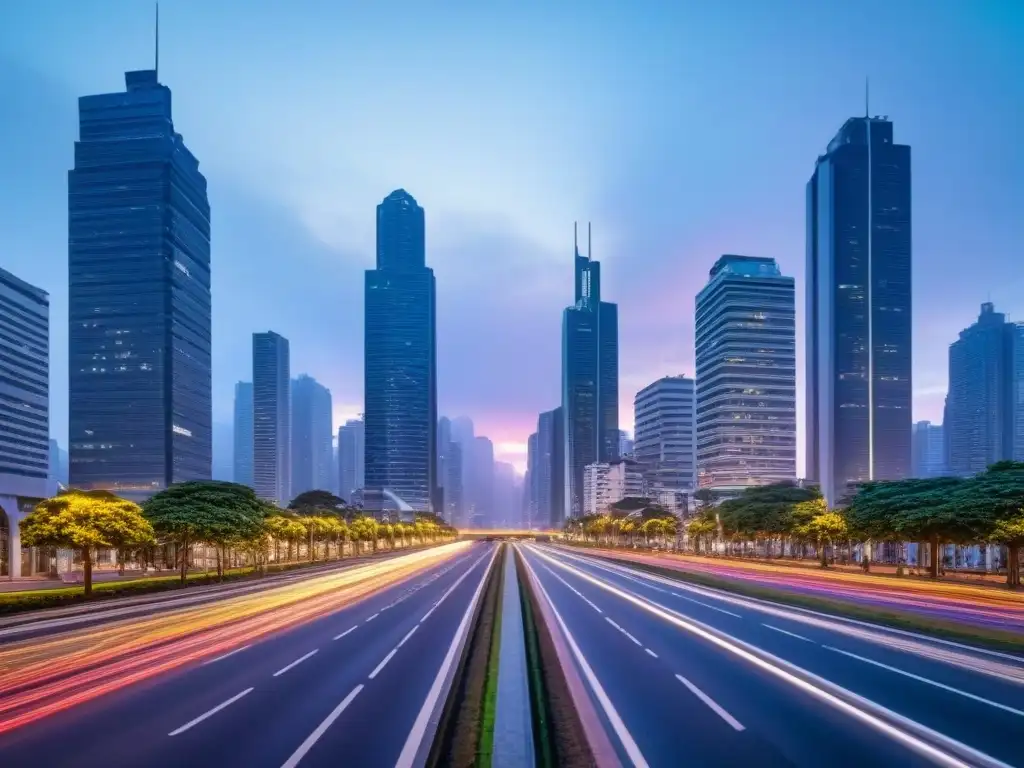 Metrópolis sudamericana: luces y prosperidad en el mercado inmobiliario Inversiones inmobiliarias en Sudamérica: Atardecer vibrante en metrópolis suramericana con rascacielos iluminados y calle bulliciosa