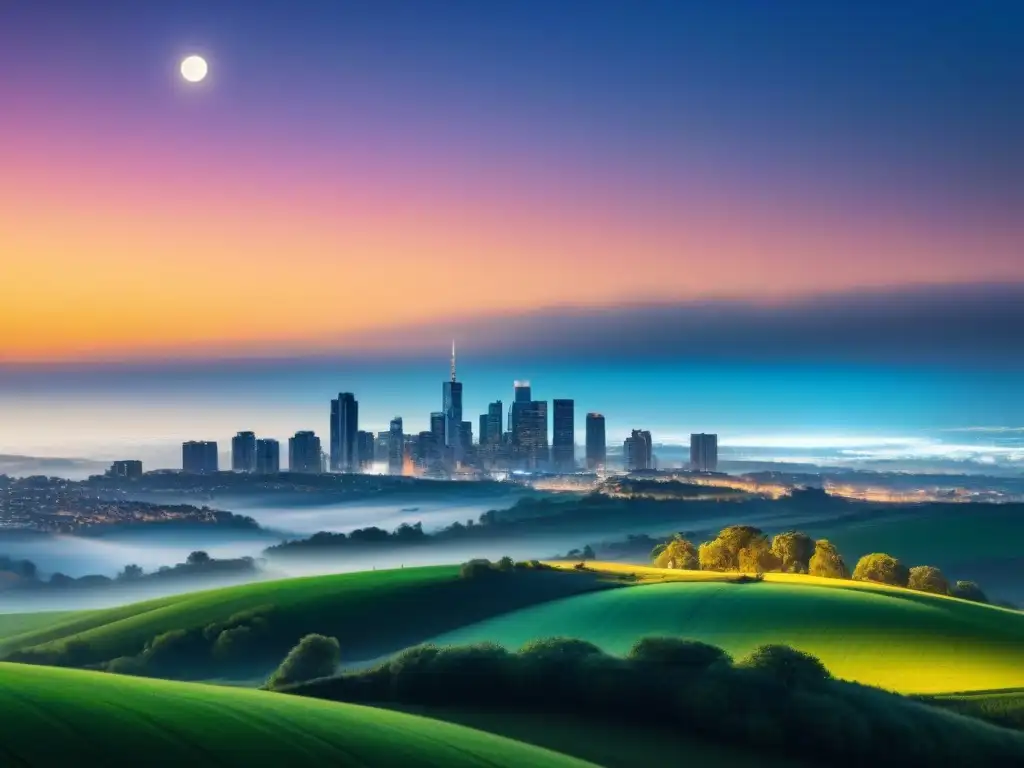 Inversiones inmobiliarias: ciudad vs campo Inversiones inmobiliarias corto vs largo plazo: mezcla de la ciudad moderna y el apacible campo bajo la luna llena