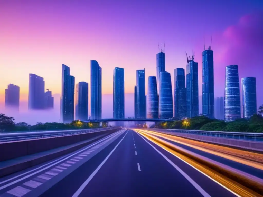 Metrópolis futurista: innovación y sostenibilidad en un atardecer vibrante Inversiones inmobiliarias y declive natalidad: Ciudad futurista al atardecer con rascacielos iluminados en un cielo violeta y rosa vibrante