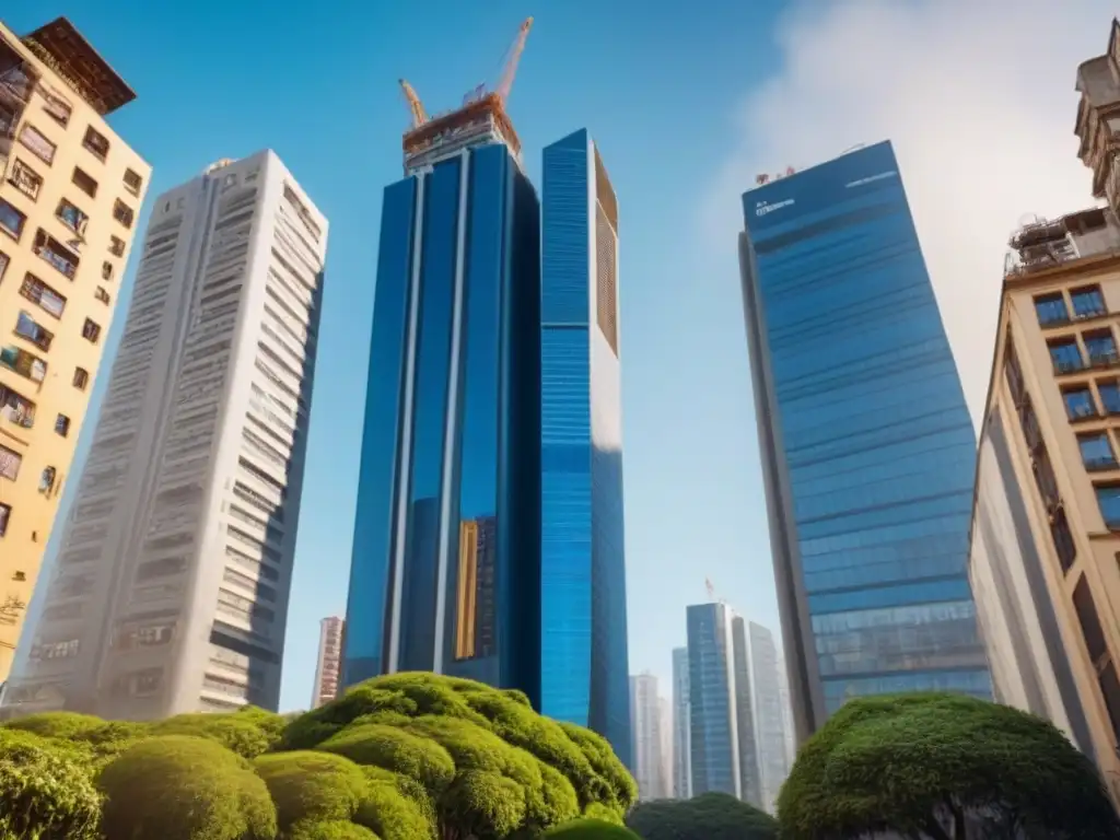 Rascacielos moderno en ciudad sudamericana: progreso y oportunidad Inversiones inmobiliarias en Sudamérica: Edificio moderno en una ciudad vibrante, rodeado de vegetación y obras en un cielo azul claro