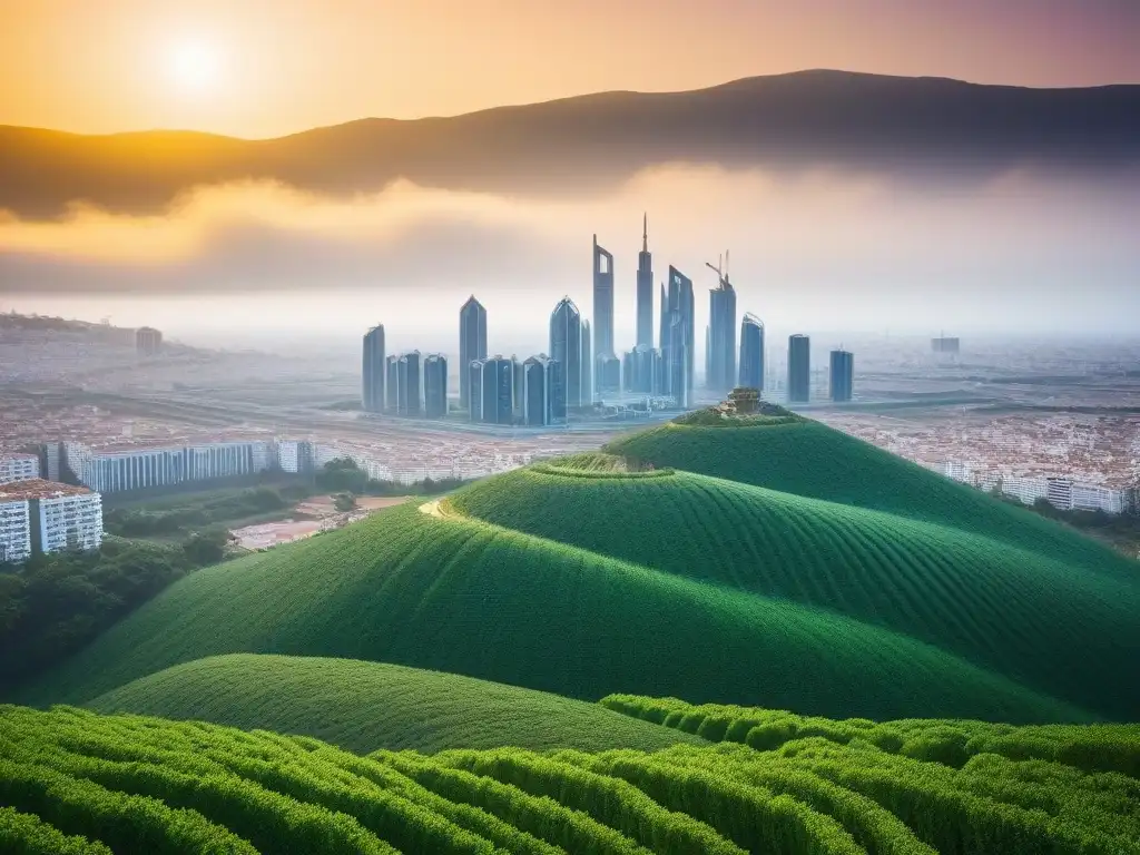 Horizonte futurista en España: rascacielos innovadores y sostenibles Inversiones inmobiliarias España futuro: Impactante skyline futurista con rascacielos innovadores y diseño sostenible rodeados de vegetación