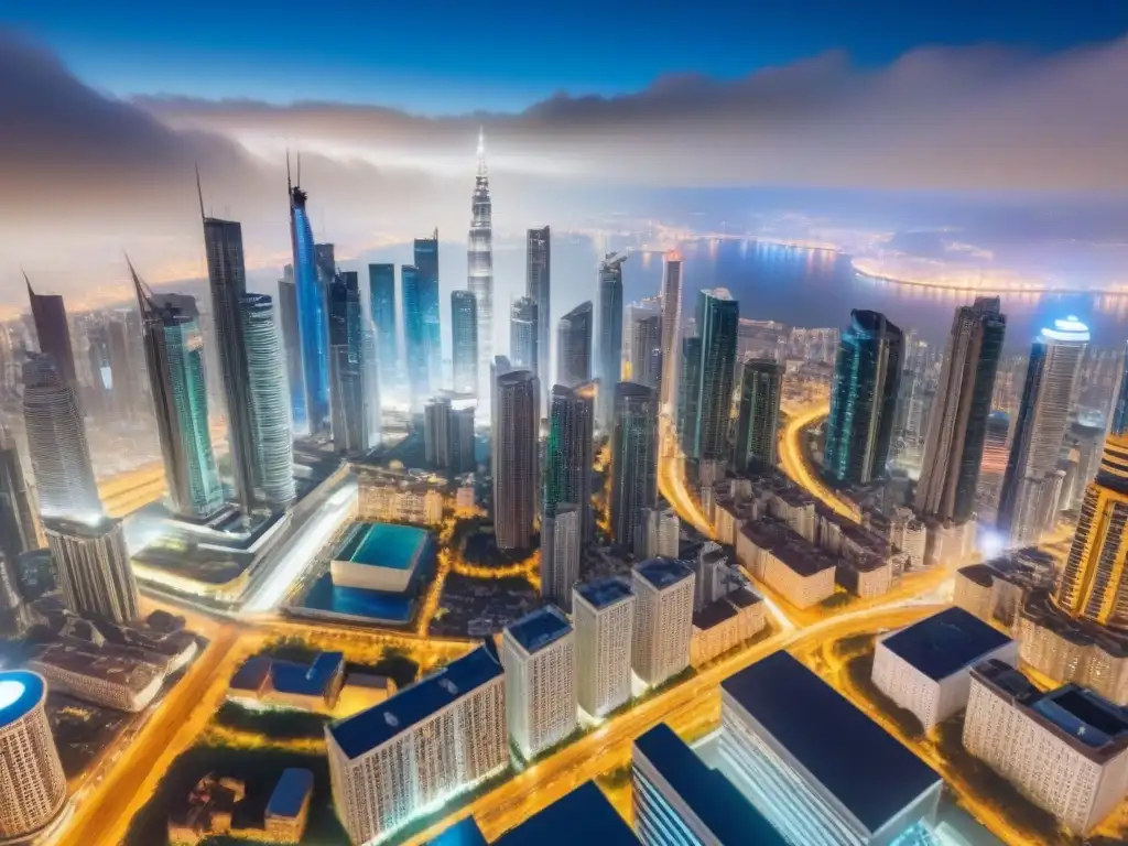 Metrópolis nocturna: luces futuristas y oportunidades inmobiliarias globales Inversiones inmobiliarias globales rentables: Vista aérea nocturna impactante de una metrópoli brillante y futurista