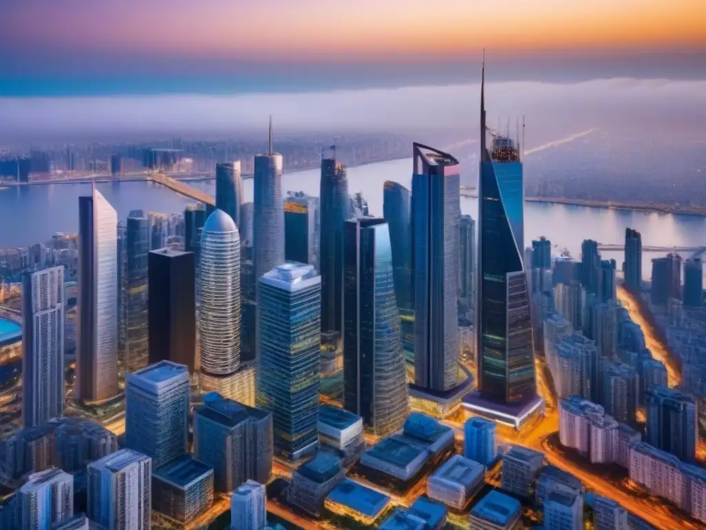 Horizonte urbano al atardecer: modernidad y oportunidad en inversión inmobiliaria global Inversiones inmobiliarias globales rentables: Una ciudad moderna y dinámica al atardecer, mostrando rascacielos y luces de la ciudad
