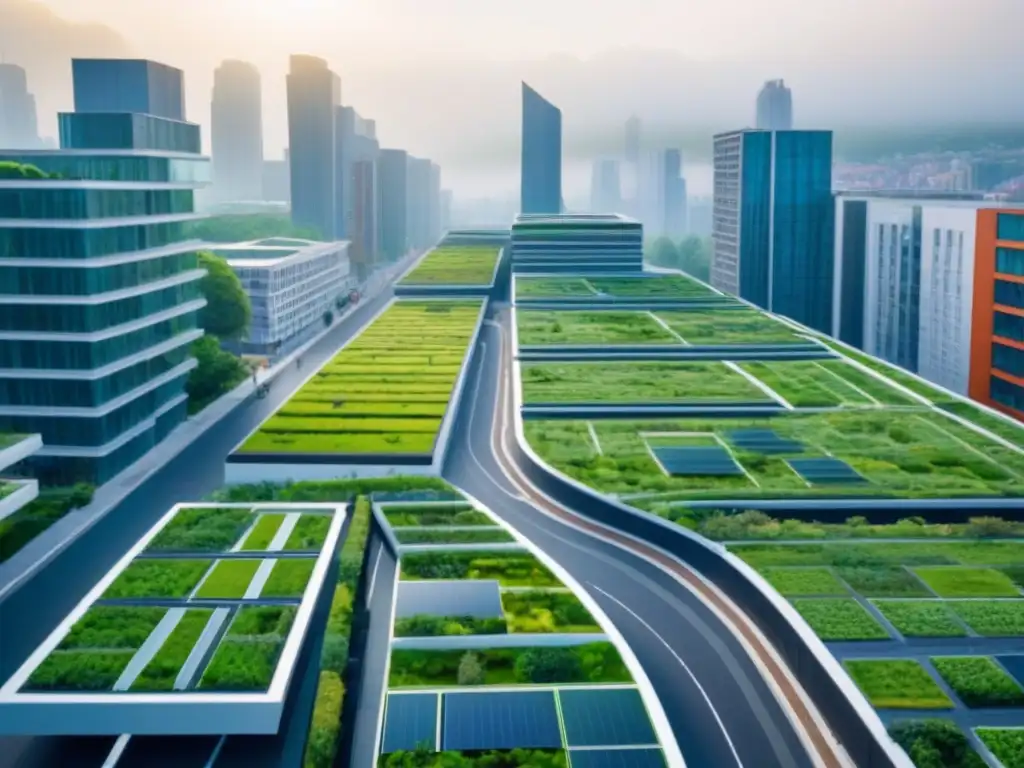 Metrópolis verde: armonía urbana y naturaleza en un paisaje sostenible Inversiones inmobiliarias en infraestructura verde: Ciudad vibrante con techos verdes y arquitectura moderna integrada con la naturaleza