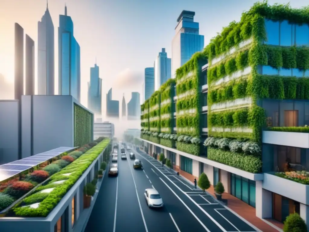 Escena urbana futurista con infraestructura verde innovadora Inversiones inmobiliarias en infraestructura verde: Calle urbana futurista con edificios verdes y profesionales intercambiando ideas