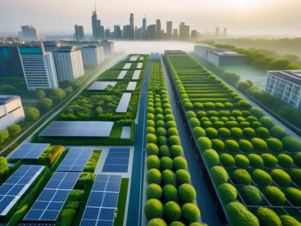 Vista aérea: ciudad ecoamigable con techos verdes Inversiones inmobiliarias en infraestructura verde: Ciudad con techos verdes y arquitectura sostenible