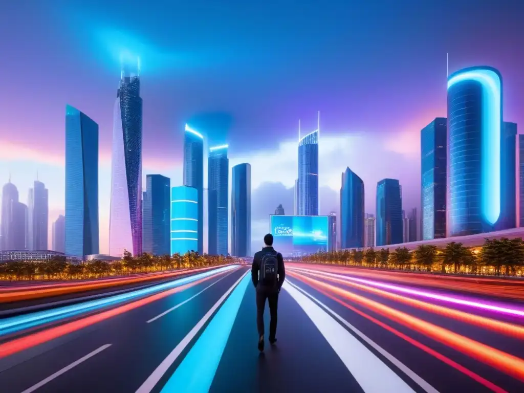 Metropolis futurista: luces neón, hologramas y tecnología avanzada Inversiones inmobiliarias con inteligencia artificial: Ciudad futurista al anochecer, con rascacielos brillantes y vehículos voladores