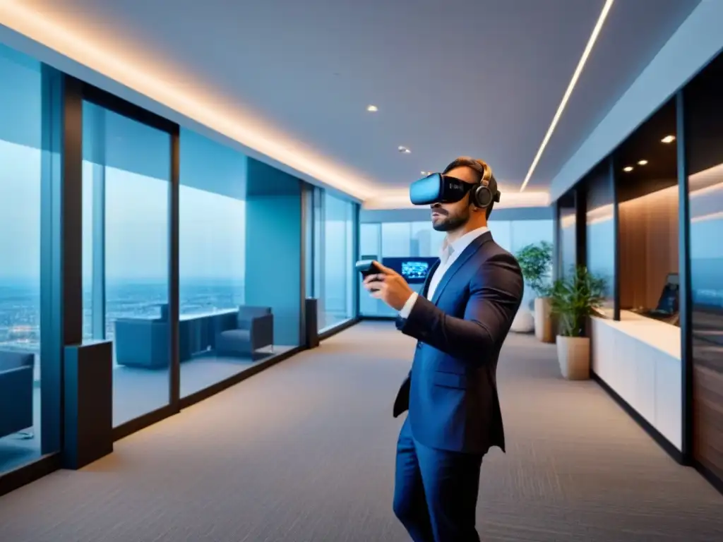 Innovación en Real Estate: Oficina Futurista con IA y Realidad Virtual Inversiones inmobiliarias con inteligencia artificial: Lobby futurista con tecnología VR y robots asistentes, profesionales interactuando