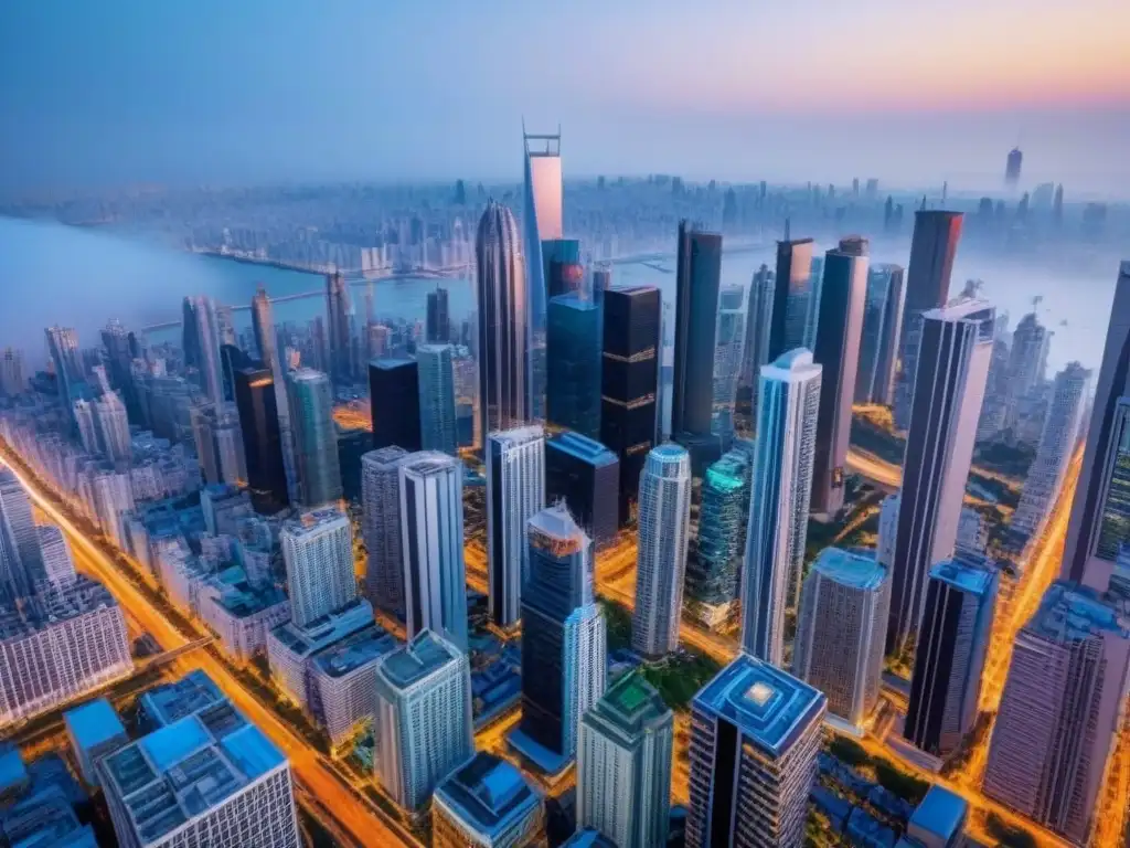 Metrópolis vibrante: panorama urbano internacional impresionante Inversiones inmobiliarias internacionales financiamiento: Vista aérea impresionante de una bulliciosa ciudad con rascacielos y vida urbana vibrante
