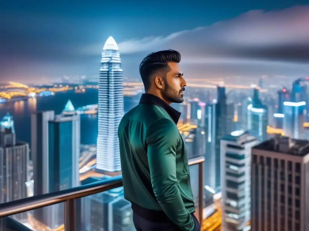 Rascacielos de lujo en ciudad internacional nocturna Inversiones inmobiliarias internacionales: un rascacielos de lujo en una ciudad nocturna vibrante