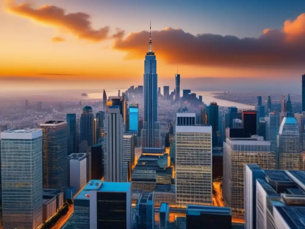 Skyline urbano: poder financiero y global en atardecer dorado Inversiones inmobiliarias internacionales: skyline moderno con rascacielos reflejando la puesta de sol