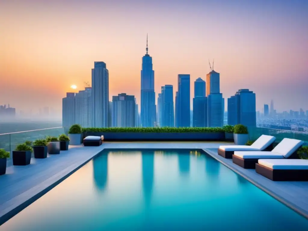 Condominio de lujo con vista panorámica a la ciudad y piscina en la azotea Inversiones inmobiliarias con IRA: lujoso complejo de condominios modernos con vistas panorámicas de la ciudad y piscina en la azotea