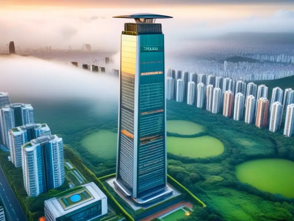 Rascacielos de lujo en ciudad verde de Sudamérica Inversiones inmobiliarias de lujo en Sudamérica: una torre moderna rodeada de exuberante vegetación en una ciudad bulliciosa