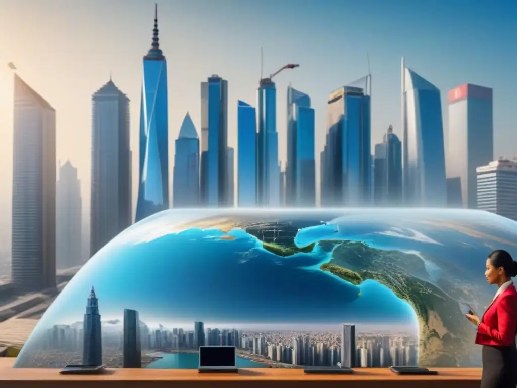 Horizonte urbano en mercado emergente: inversión estratégica Inversiones inmobiliarias en mercados emergentes: Ciudad moderna con rascacielos y profesionales analizando gráficos