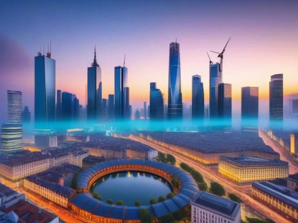 Escenario urbano al atardecer: inversión inmobiliaria en acción Inversiones inmobiliarias en mercados emergentes: Atardecer en la ciudad, modernidad y tradición se funden en un paisaje dinámico y vibrante