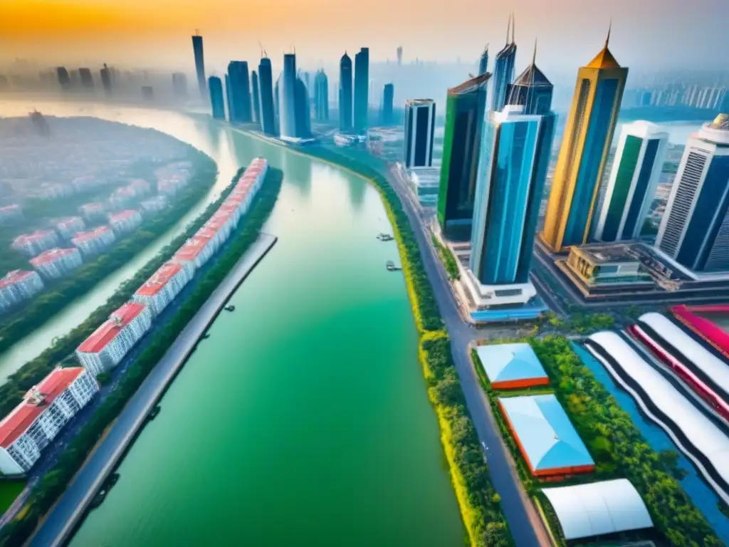 Horizonte vibrante: ciudad emergente fusiona modernidad y tradición Inversiones inmobiliarias en mercados emergentes: Vista aérea de una ciudad bulliciosa con modernos rascacielos y viviendas tradicionales