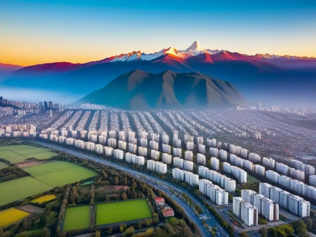 Espléndido panorama urbano de Chile: modernidad y montañas Inversiones inmobiliarias en Chile: Modernos edificios residenciales en una ciudad chilena con los Andes de fondo, bajo un cielo azul