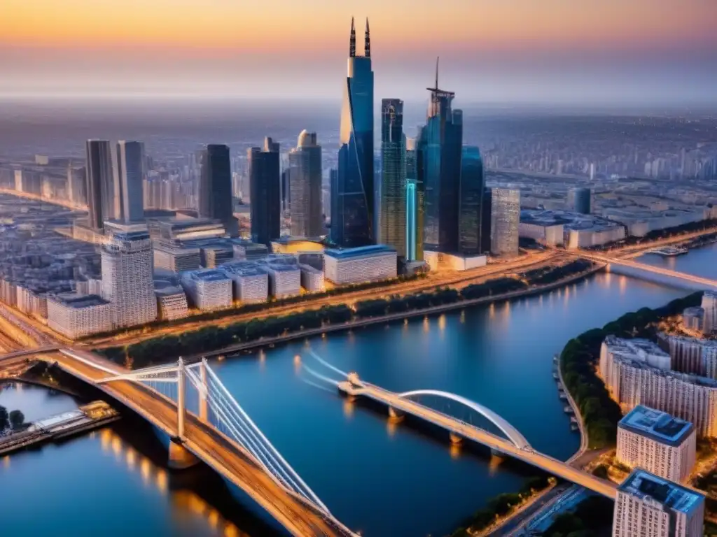 Metrópolis dorada al atardecer: luces y arquitectura urbana Inversiones inmobiliarias en productos derivados: Ciudad metropolitana al atardecer, iluminada por el sol y luces nocturnas