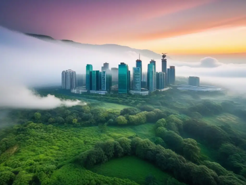 Horizonte verde: ciudad sostenible y armoniosa Inversiones inmobiliarias sostenibles en una ciudad moderna rodeada de vegetación, evitando riesgos ambientales