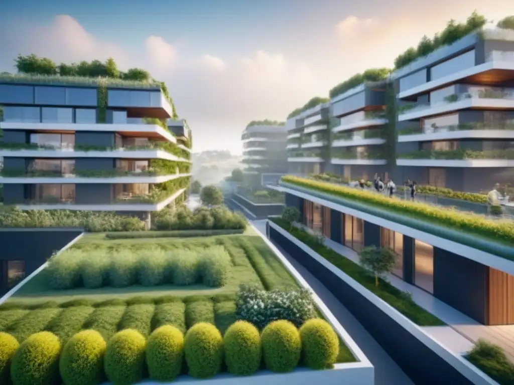 Desarrollo inmobiliario sostenible en España: modernidad ecofriendly Inversiones inmobiliarias sostenibles en España: Desarrollo urbano ecológico con edificios modernos, energía solar y actividades sostenibles