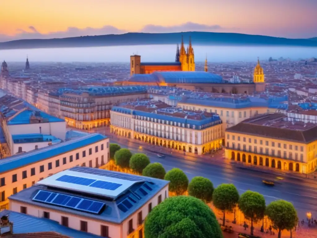 Horizonte sostenible: ciudad española moderna al anochecer Inversiones inmobiliarias sostenibles en España: Ciudad española con desarrollo urbano sostenible al anochecer