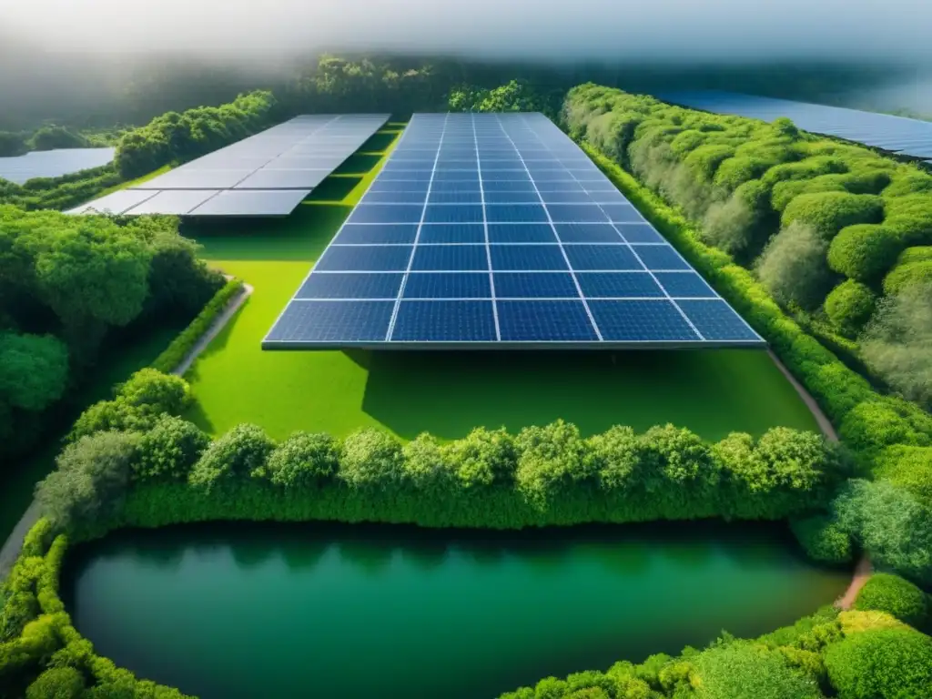 Complejo arquitectónico sostenible integrado con la naturaleza Inversiones inmobiliarias sostenibles rentables: complejo moderno rodeado de naturaleza y paneles solares brillantes